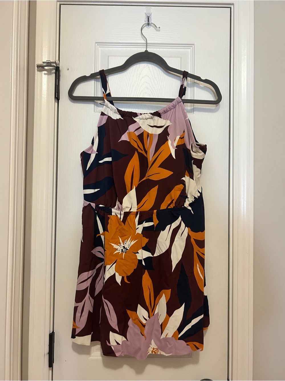 EVRI Floral Spaghetti Strap Tankini Swim Top - Maroon, Rust, Navy & Cream